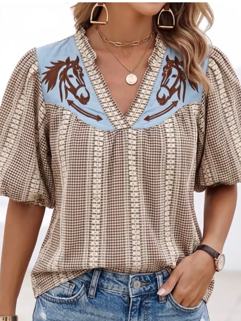 Horse Embroidered Gingham Check Ruffle Blouse Sz 14/16 Misses